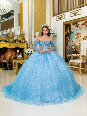 New Bahama Blue Sophisticated Quinceanera Tulle Dress w/ Ribbons DQ 5044